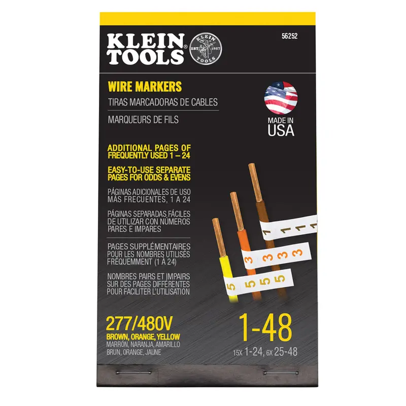 Klein Tools 277/480V Wire Marker Book – Brown, Orange, Yellow (1–48) 1