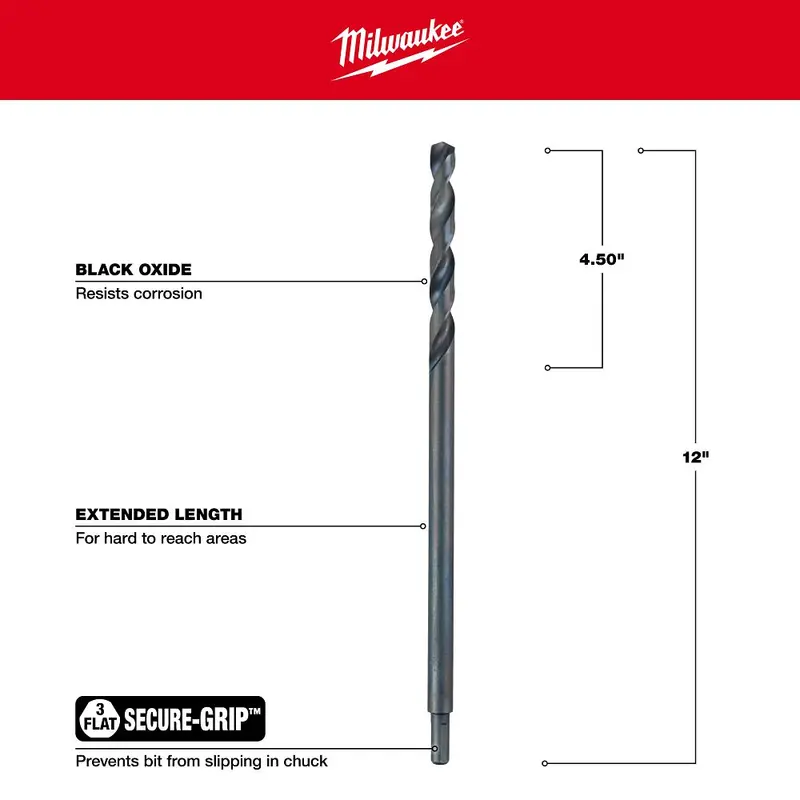 Milwaukee 1/2" X 12" Black Oxide Aircraft-Length Drill Bit 1