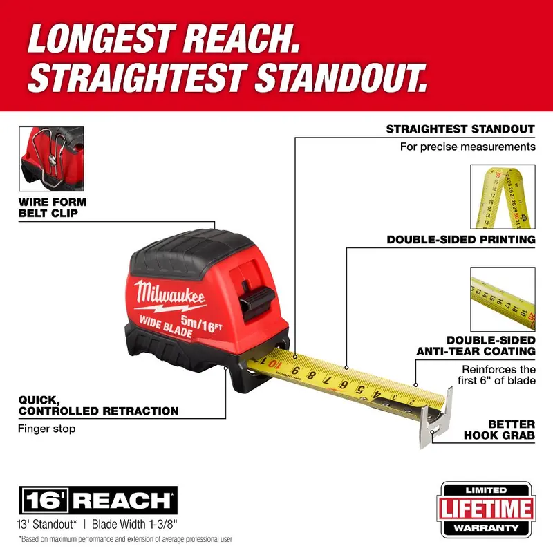 Milwaukee 16-Foot Wide-Blade Tape Measure – Extra-Stiff Blade, Clear Markings – Model 48-22-1217 1