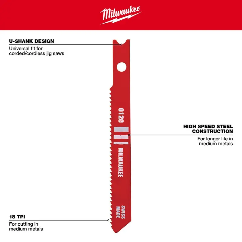 Milwaukee 2-3/4" 18 Tpi High-Speed Steel U-Shank Jig Saw Blades – 5-Pack (48-42-0120) 1