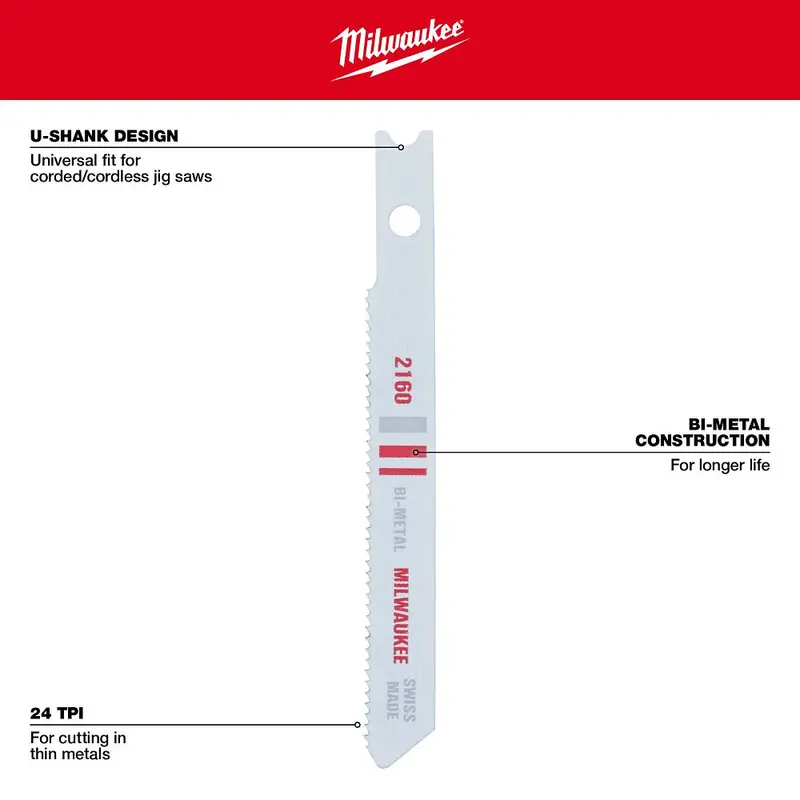 Milwaukee 2-3/4" 24 Tpi Fine-Cut Bi-Metal U-Shank Jig Saw Blades – 5-Pack (48-42-2160) 1