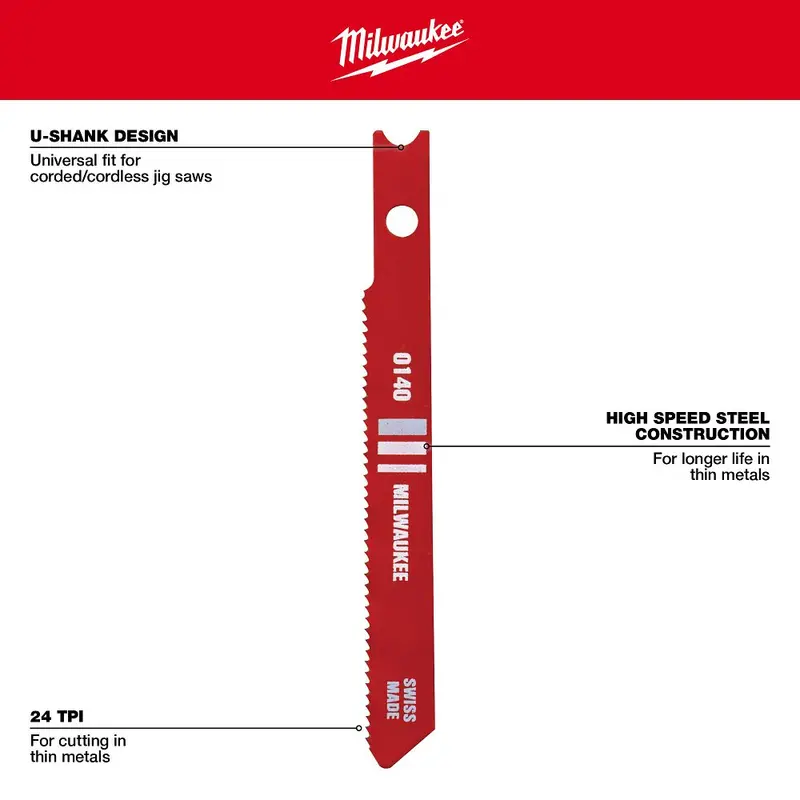 Milwaukee 2-3/4" 24 Tpi High-Speed Steel U-Shank Jig Saw Blades – 5-Pack (48-42-0140) 1