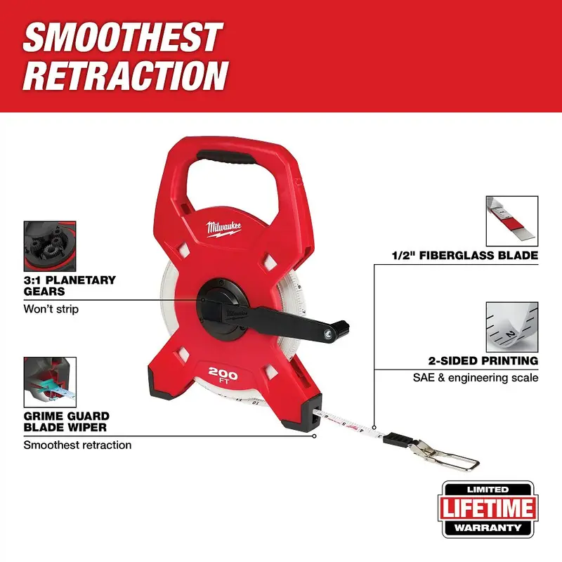 Milwaukee 200-Foot Fiberglass Open-Reel Long Tape Measure – Pro Layout Standard 1