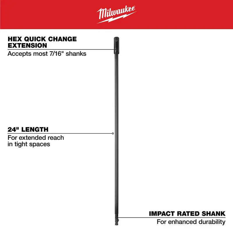 Milwaukee 24-Inch Quik-Lok 7/16-Inch Hex Extension Bar – Heavy-Duty Impact-Compatible Adapter, Model 48-28-4016 1