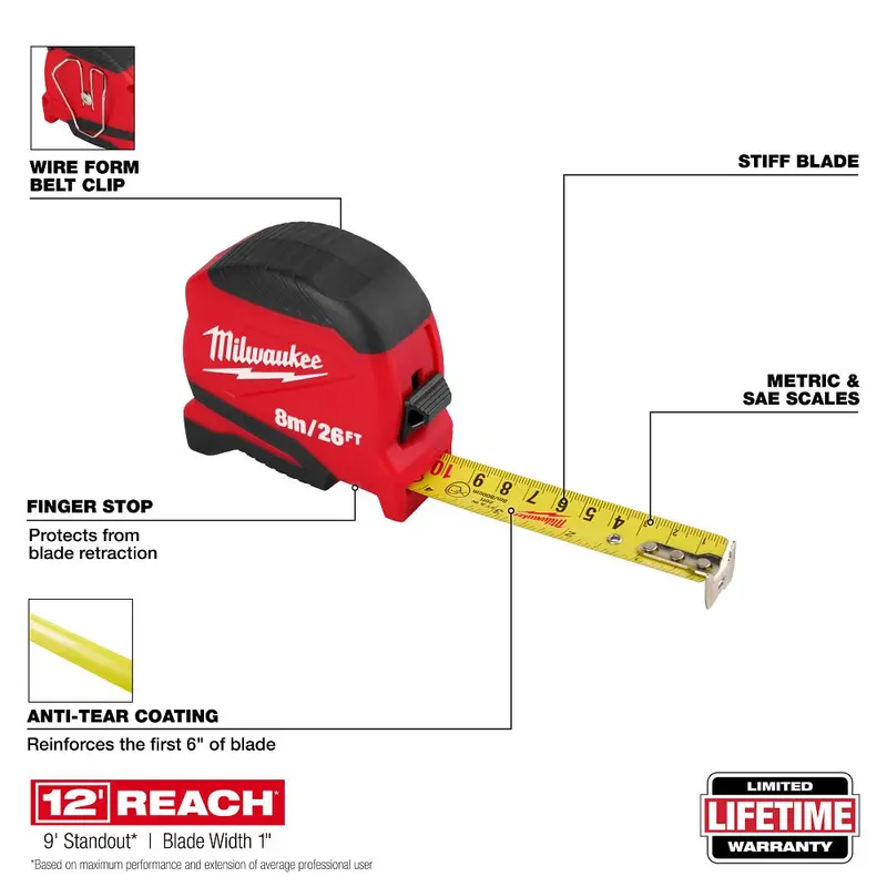 Milwaukee 26-Foot Compact Tape Measure – Lightweight & Pocket-Friendly – Model 48-22-1726 1