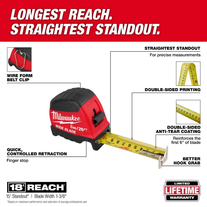 Milwaukee 26-Foot Wide-Blade Tape Measure – Stiff Blade For Extended Reach – Model 48-22-1226 1