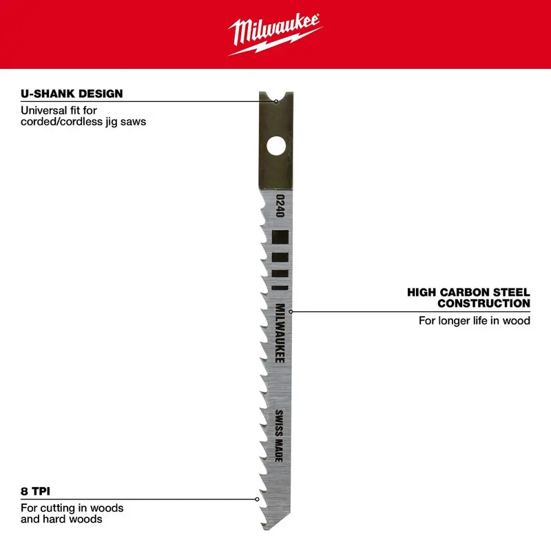 Milwaukee 3-1/8" 8 Tpi Coarse High-Carbon Steel U-Shank Jig Saw Blades – 5-Pack (48-42-0240) 1