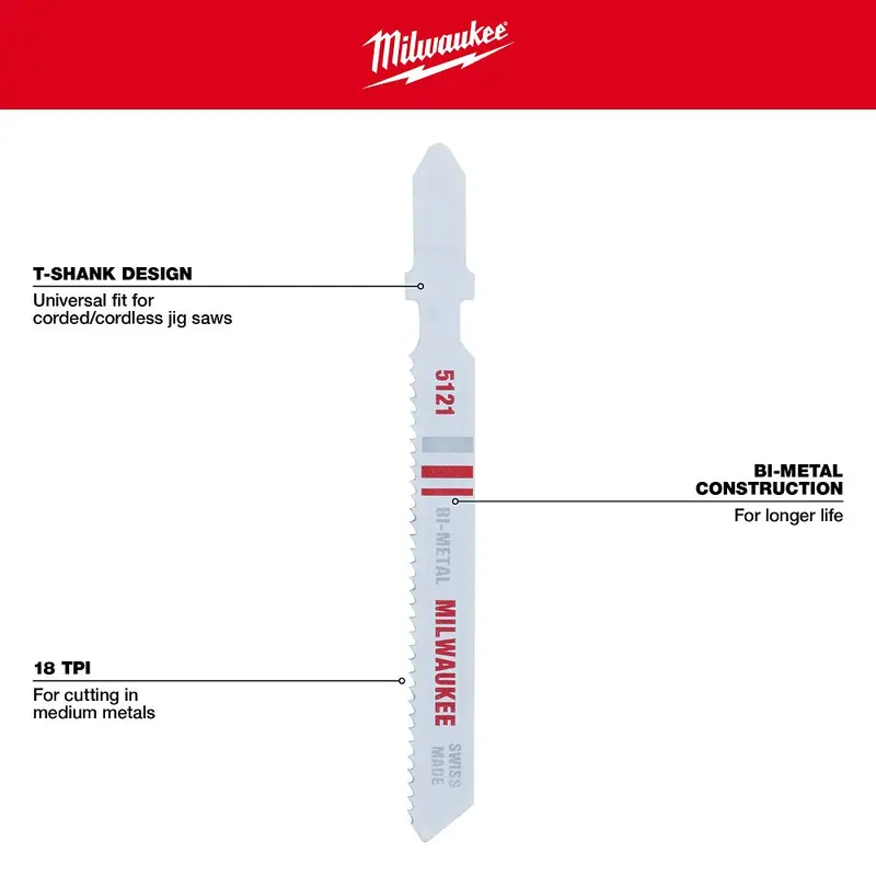 Milwaukee 3" 18 Tpi Versatile Bi-Metal T-Shank Jig Saw Blades – 5-Pack (48-42-5121) 1