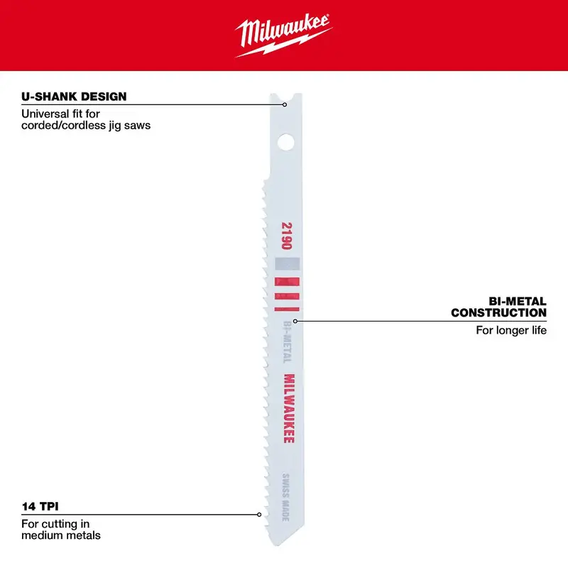 Milwaukee 3-5/8" 14 Tpi Bi-Metal U-Shank Jig Saw Blades – 5-Pack (48-42-2190) 1