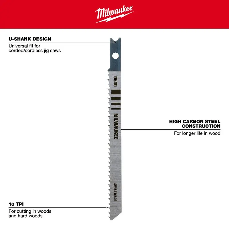 Milwaukee 4" 10 Tpi High-Carbon Steel U-Shank Jig Saw Blades – 5-Pack (48-42-0540) 1