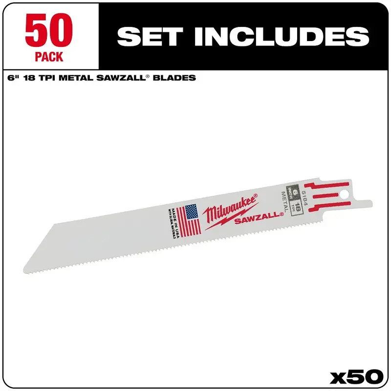 Milwaukee 6" 18 Tpi Thin-Kerf Metal-Cutting Sawzall Blades – 50-Pack (48-01-6184) 1