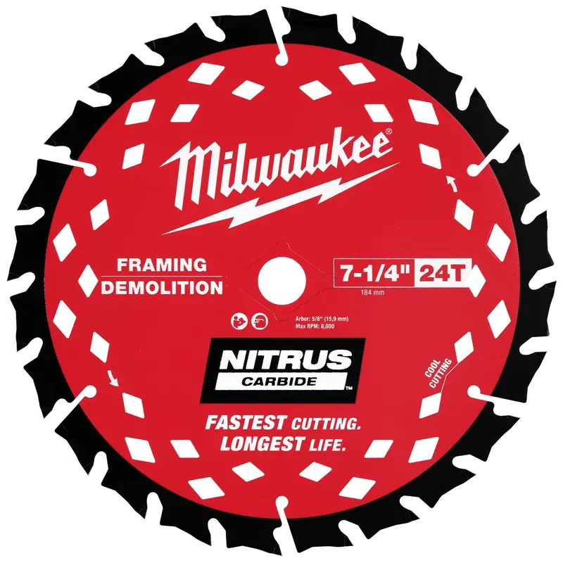 Milwaukee 7-1/4" 24-Tooth Nitrus Carbide Framing & Demolition Circular Saw Blade – Single Pack (48-40-0750) 1