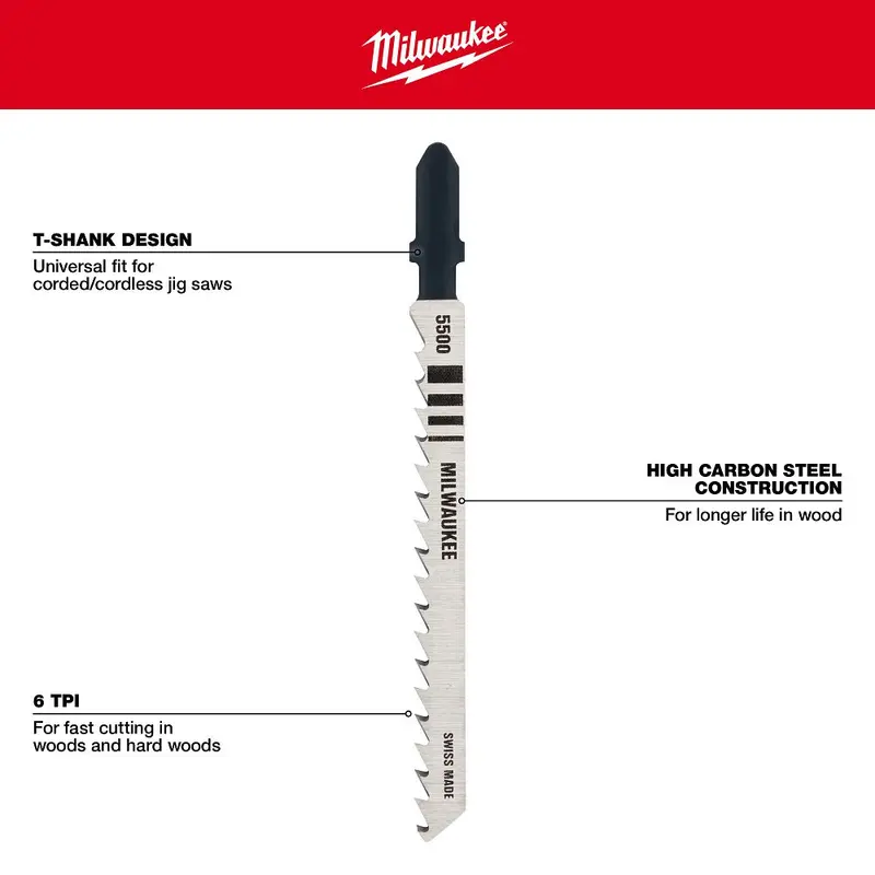 Milwaukee High-Carbon Steel T-Shank Jig Saw Blades: 4", 6 Tpi, 5-Pack, Model 48-42-5500 1