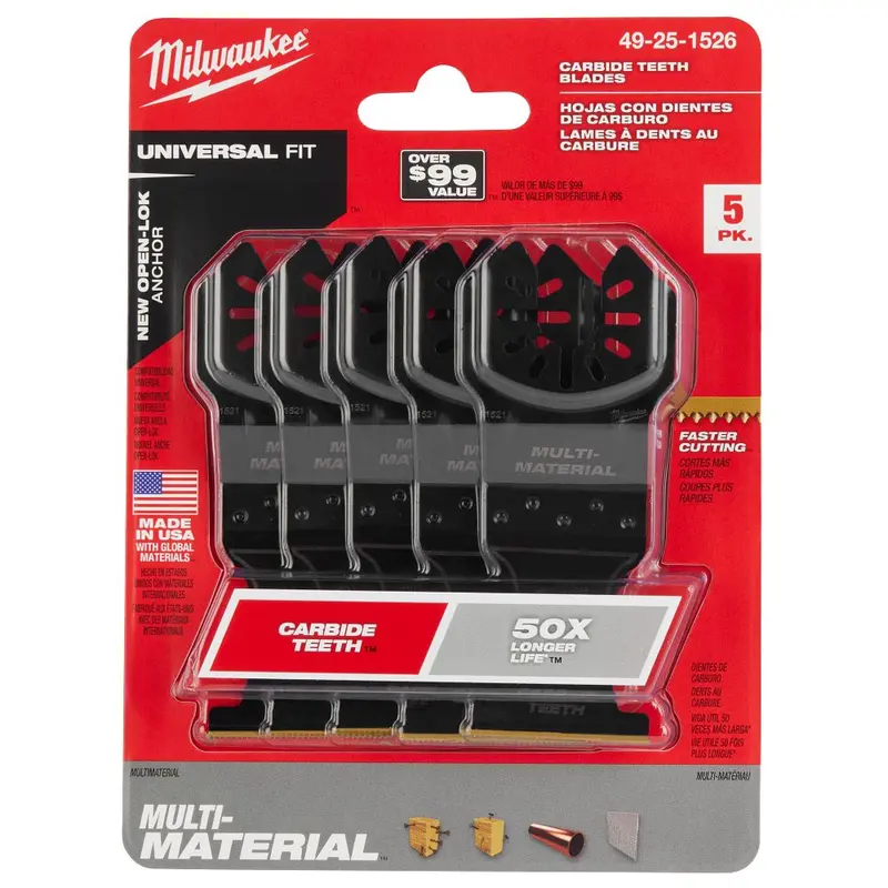 Milwaukee Open-Lok 1-3/8" Carbide-Tipped Multi-Material Oscillating Blade – 5-Pack For Wood, Metal & Plastic (49-25-1526) 1