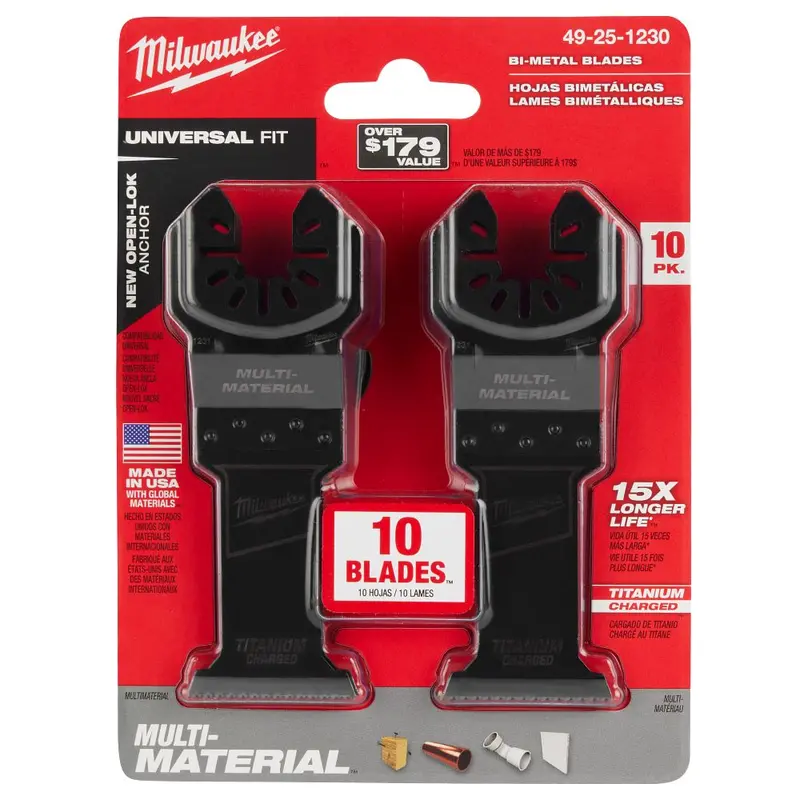 Milwaukee Open-Lok 1-3/8" Titanium Charged Bi-Metal Oscillating Multi-Tool Blade – 10-Pack For Extended Life (49-25-1230) 1
