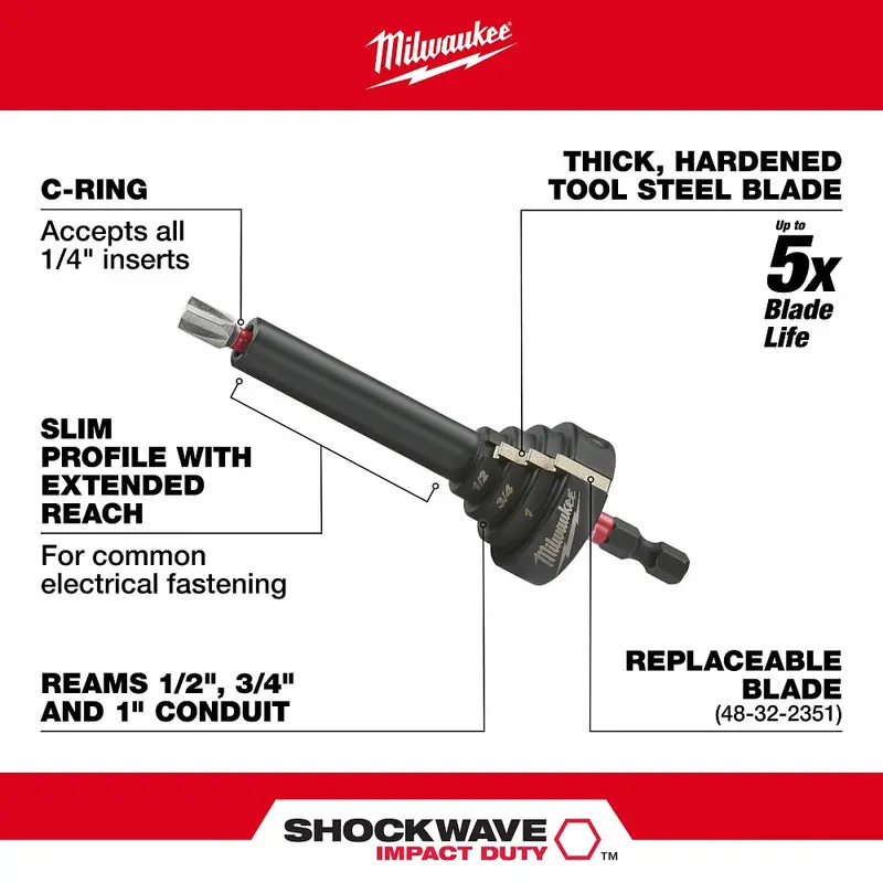 Milwaukee Shockwave Impact Duty Conduit Reaming Bit Holder – Precision-Fit Tool For Reamers, Model 48-32-2350 1