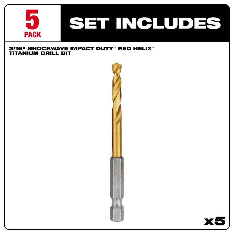 Milwaukee Shockwave Red Helix 3/16" Titanium Drill Bit Set – 5-Piece Pro Pack (48-89-4659) 1